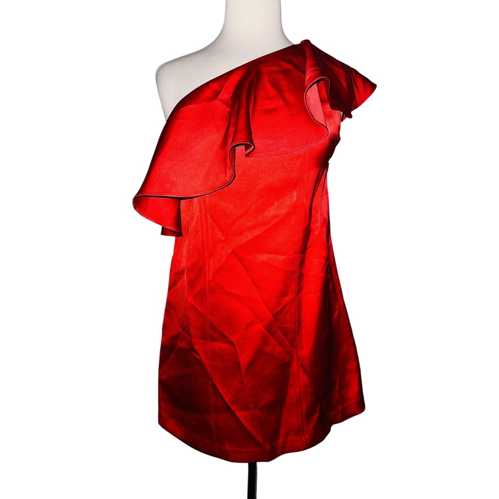 WB5 Zac‎ Posen Red One Shoulder Ruffle Dress Cocktail Party Made in USA 2